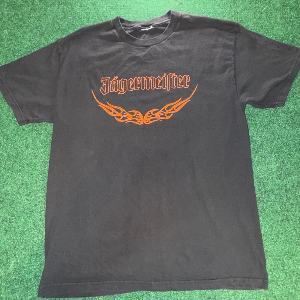 Jagermeister Graphic T-Shirt Mens Large Black Orange Tribal Flames Logo Tee